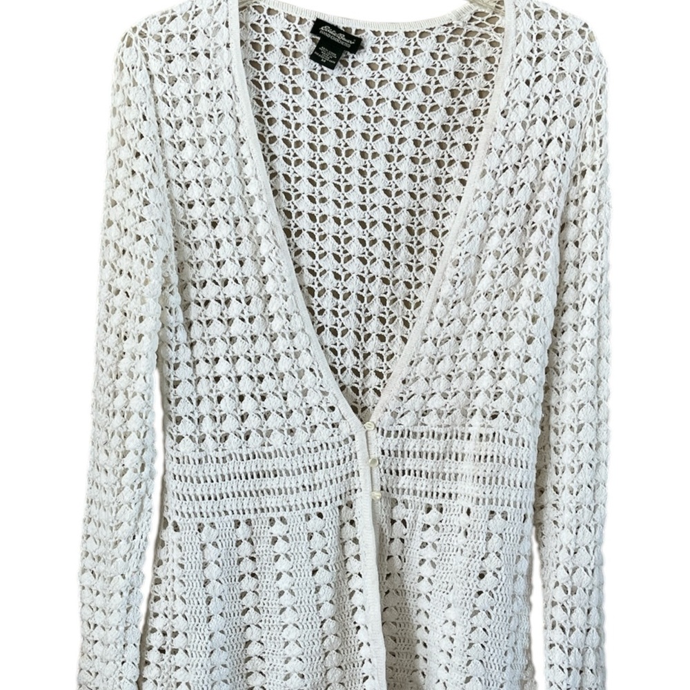 Eddie Bauer Hand Crochet Open Weave Cardigan Sweater White Size Medium